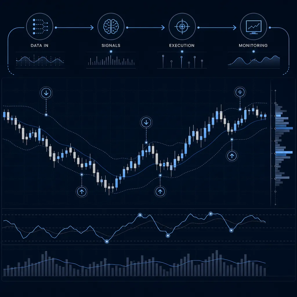 AI automation flow: data in, signals, execution, monitoring